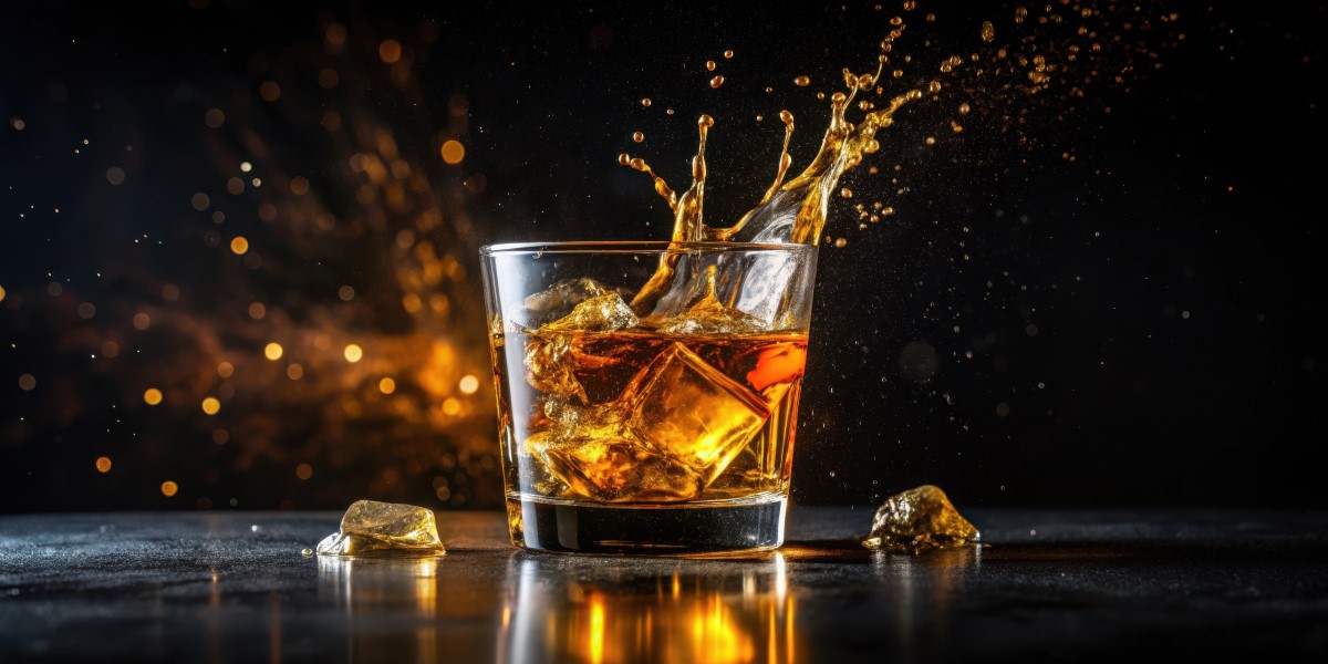 Dynamic splash of golden liquid with ice in a clear glass on a dark, reflective surface, with soft glowing lights.