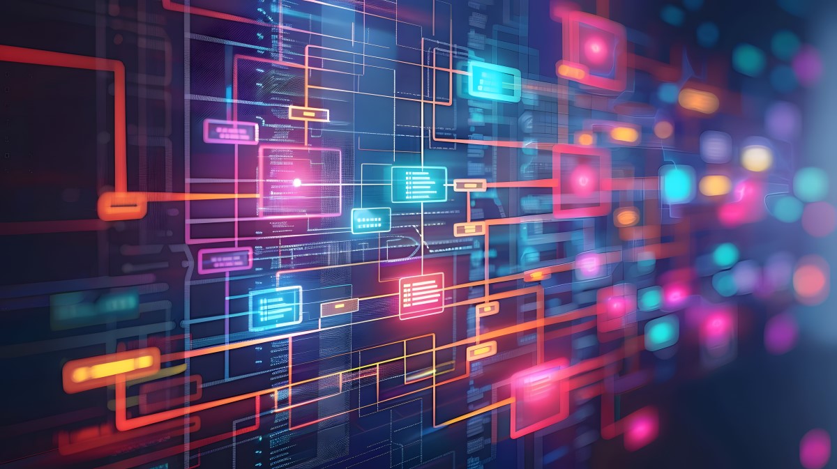 Abstract digital network with glowing lines and data nodes, representing AI processing, interconnected systems, and enterpris