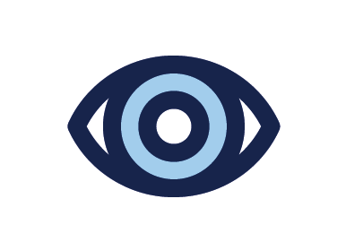 A stylized eye icon with concentric circles in dark blue, light blue, and white, representing clear vision and explainable AI