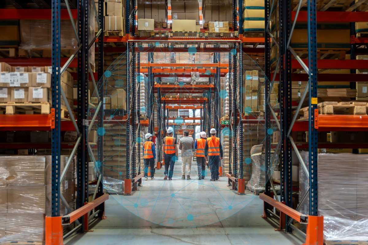 Warehouse aisle with inventory and a data network overlay illustrating AI demand forecasting
